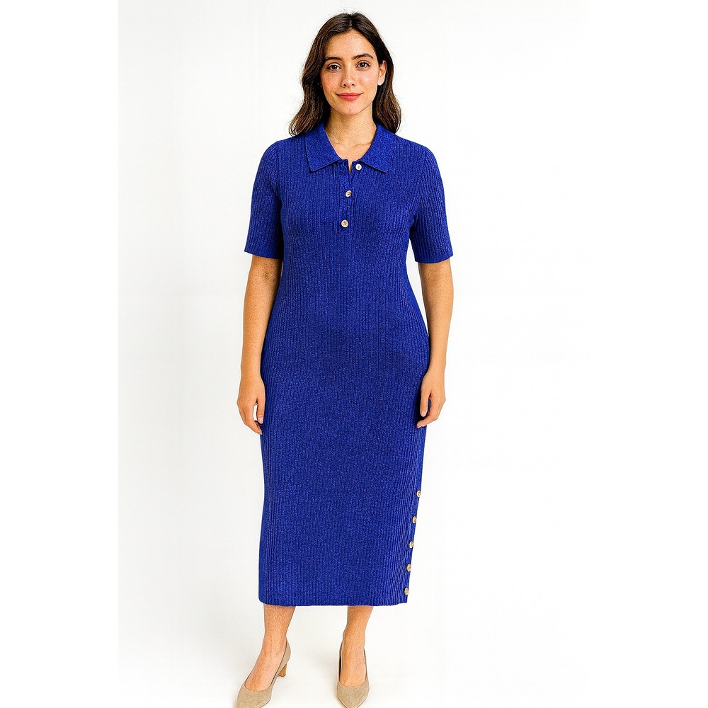 Talbots‎ Dress Womens Medium Blue Midi Ribbed Collar Gold Casual Stretch Office
